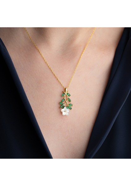 925 Ayar Gümüş Sedef Çiçekli Yeşil Taşlı Kolye indirimleri