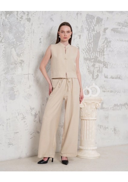 Broşlu Yelek Pantolon Takım Bej S255821