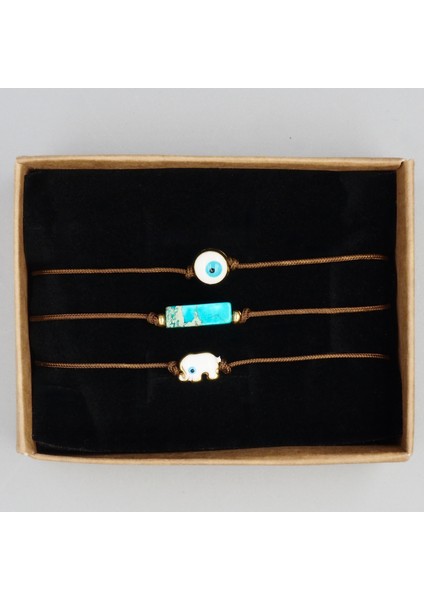 Doğal Turkuaz Taşlı Mineli Minimalist 3’lü Bileklik Hediye Seti