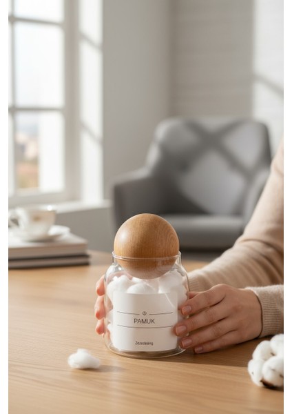 Dekoratif Ahşap Top Kapak Pamuk Kavanozu Kutusu 300ML