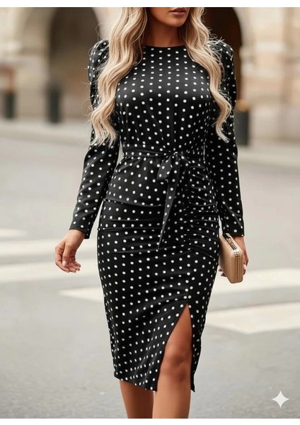 Mdb Kadın Uzun Kollu Yuvarlak Yaka Belden Kuşaklı Önden Yırtmaçlı Örme Krep Elbise