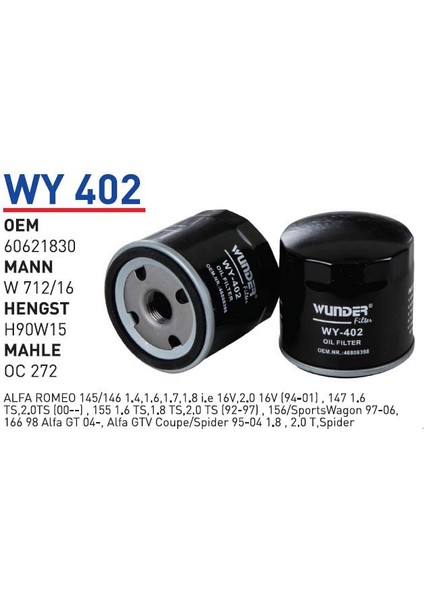 WY402 Oem 60621830 Oem 46808398 Fiat Marea Brava Bravo 96 Otomobil Yağ Filtre Oil Filter