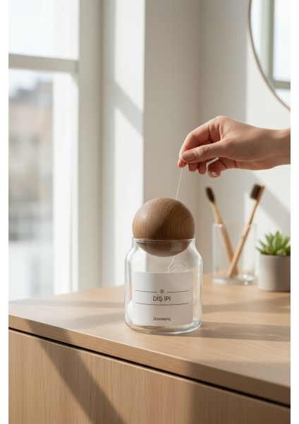 Dekoratif Ahşap Top Kapak Diş Ipi Kavanozu Kutusu 300ML