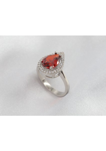 Kırmızı Damla Taşlı Gümüş Yüzük, 925 Ayar Gümüş Yüzük, Kırmızı Kadın Yüzüğü