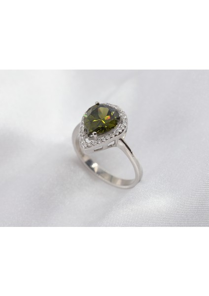 Damla Taşlı Kadın Yüzük, Peridot Taşlı Gümüş Yüzük, Koyu Yeşil Gümüş Yüzük, 925 Ayar Gümüş Yüzük