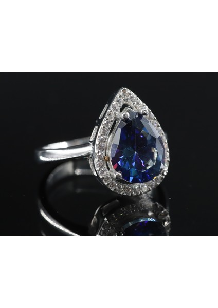 Aquamarine Damla Taşlı Gümüş Yüzük, 925 Ayar Gümüş Yüzük, Mavi Kadın Yüzüğü