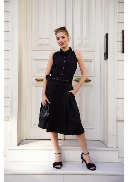 Gömlek Yaka Kemerli Elbise Siyah S255061 fiyatları