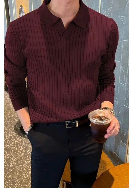 Erkek Polo Yaka Fitilli Oversize Triko Kazak