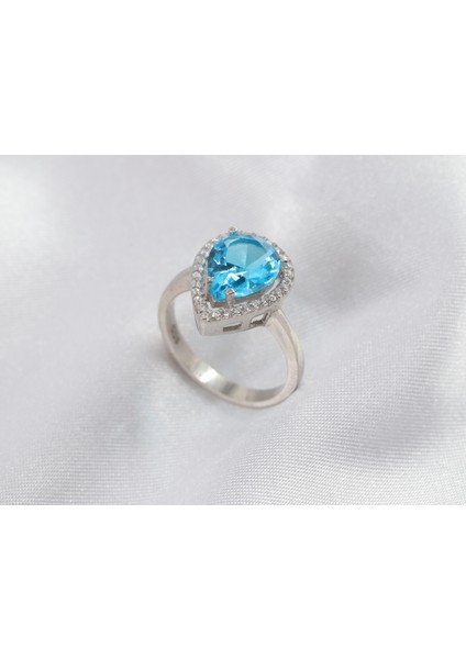Açık Mavi Damla Taşlı Gümüş Yüzük, 925 Ayar Gümüş Yüzük, Mavi Kadın Yüzüğü