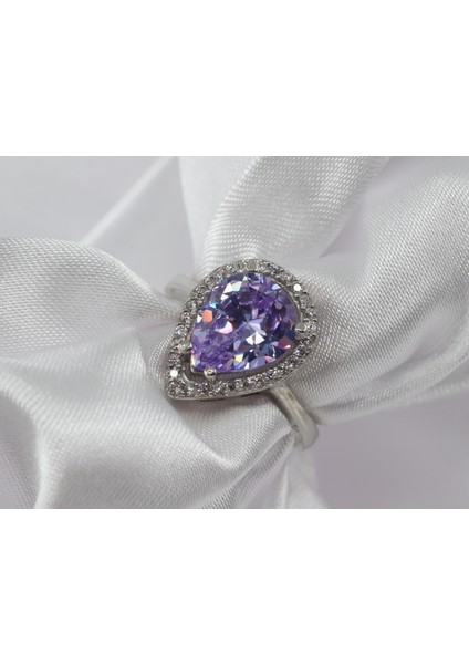 Lila Damla Taşlı Gümüş Yüzük, 925 Ayar Gümüş Yüzük, Mor Kadın Yüzüğü
