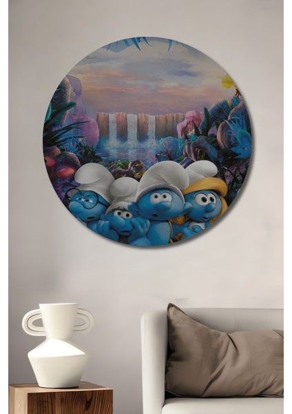 Şirinler Renkli Orman Macerası Dekoratif Ahşap Mdf Tablo Yuvarlak Tablo