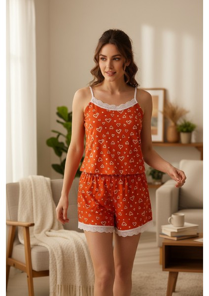 Kadın Turuncu Kalp Desenli Askılı Şortlu Dantelli Pijama Takımı