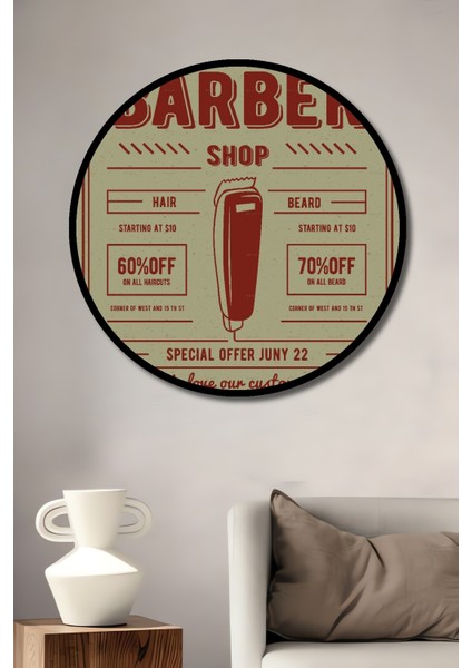 Çerçeve Görünümlü Berber Dükkanı Retro Ahşap Mdf Dekoratif Ev Duvar Tablo Yuvarlak Ev Duvar Tablo