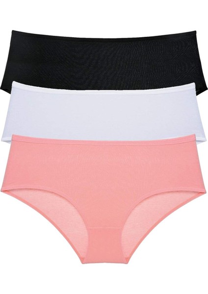 3 Adet Kadın Yüksek Bel Bato Külot Siyah Beyaz Pudra