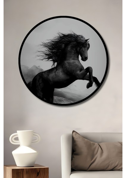 Çerçeve Görünümlü Güçlü Siyah At Dekoratif Ahşap Mdf Ev Duvar Tablo Yuvarlak Ev Duvar Tablo