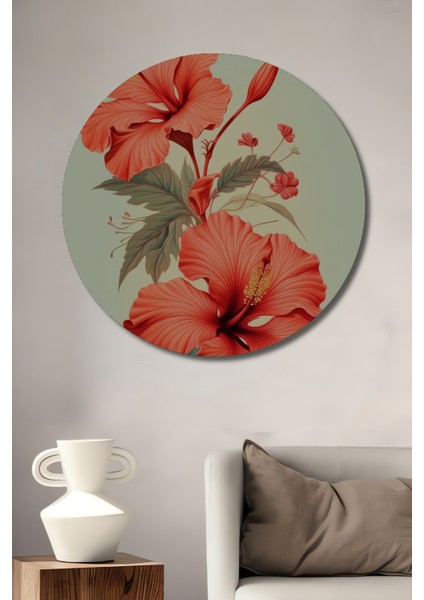 Kırmızı Hibiskus Çiçeği Dekoratif Ahşap Mdf Ev/işyeri Duvar Tablo Yuvarlak Ev/işyeri Duvar Tablo