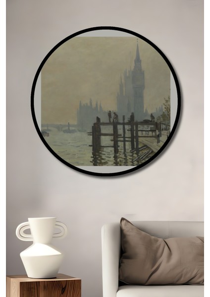 Çerçeve Görünümlü Monet Westminster Temalı Dekoratif Ahşap Mdf Yuvarlak Ev,iş Yeri Duvar Tablo