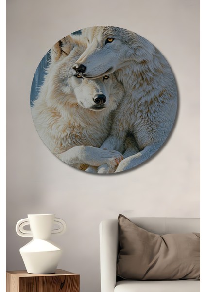 Beyaz Kurt Aşkı Dekoratif Ahşap Mdf Ev/işyeri Duvar Tablo Yuvarlak Ev/işyeri Duvar Tablo