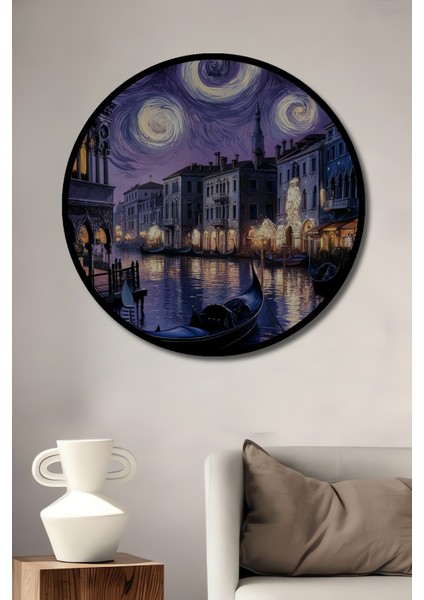 Çerçeve Görünümlü Yıldızlı Gece Venedik Dekoratif Ahşap Mdf Yuvarlak Ev,iş Yeri Duvar Tablo