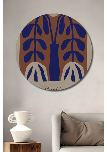 Mavi Çiçekli Dekoratif Ahşap Mdf Ev/işyeri Duvar Tablo Yuvarlak Ev/işyeri Duvar Tablo
