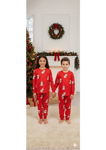 Ideal Sepet-Kırmızı Yeni Yıl Desenli %100 Pamuk Kız ve Erkek Çocuk Pijama Takımı 3-13 Yaş modelleri
