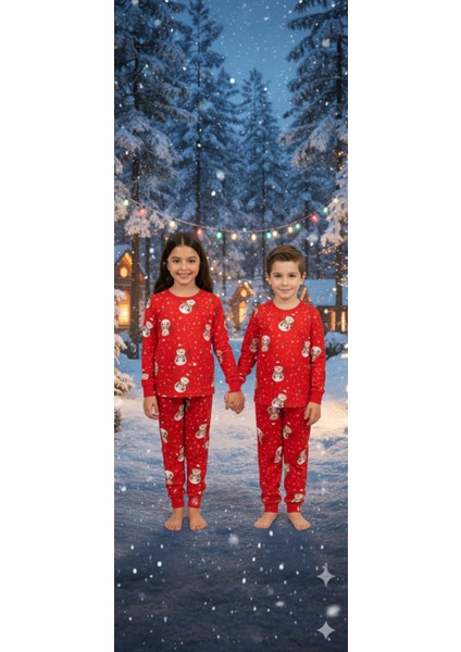 Ideal Sepet-Kırmızı Yeni Yıl Desenli %100 Pamuk Kız ve Erkek Çocuk Pijama Takımı 3-13 Yaş fırsatları