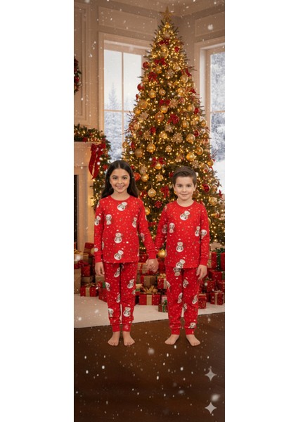 Ideal Sepet-Kırmızı Yeni Yıl Desenli %100 Pamuk Kız ve Erkek Çocuk Pijama Takımı 3-13 Yaş indirimleri