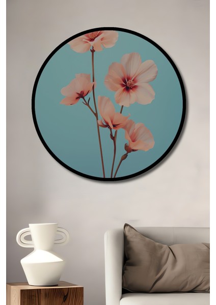 Çerçeve Görünümlü Pembe Çiçekler Dekoratif Ahşap Mdf Ev Duvar Tablo Yuvarlak Ev Duvar Tablo