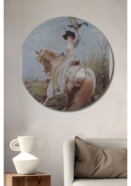 Binici Kadın ve Kuş Ahşap Mdf Dekoratif Ev/işyeri Duvar Tablo Yuvarlak Ev/işyeri Duvar Tablo