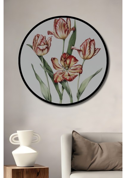 Çerçeve Görünümlü Lale Çiçekleri Ahşap Mdf Dekoratif Ev Duvar Tablo Yuvarlak Ev Duvar Tablo