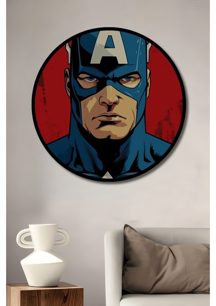 Çerçeve Görünümlü Captain America Ahşap Mdf Dekoratif Ev Duvar Tablo Yuvarlak Ev Duvar Tablo