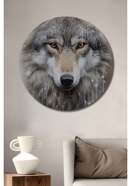 Karlı Kurt Portresi Dekoratif Ahşap Mdf Ev/işyeri Duvar Tablo Yuvarlak Ev/işyeri Duvar Tablo