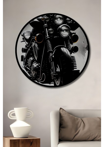 Çerçeve Görünümlü Klasik Motosiklet Dekoratif Ahşap Mdf Ev Duvar Tablo Yuvarlak Ev Duvar Tablo