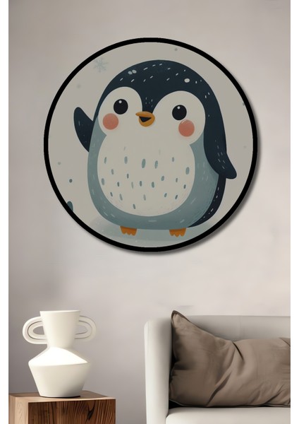 Çerçeve Görünümlü Neşeli Penguen Ahşap Mdf Dekoratif Ev Duvar Tablo Yuvarlak Ev Duvar Tablo