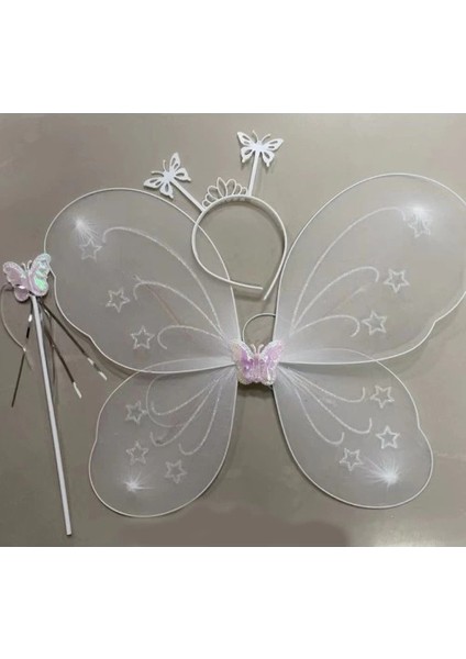 Beyaz Renk Kelebek Kanadı Tacı ve Sopası