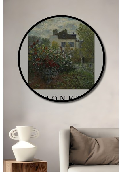 Çerçeve Görünümlü Monet Bahçesi Dekoratif Ahşap Mdf Ev Duvar Tablo Yuvarlak Ev Duvar Tablo