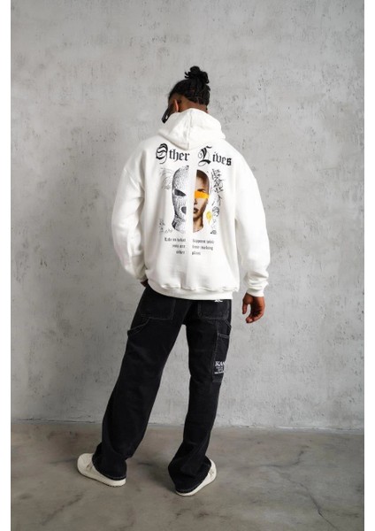 Erkek Oversize Kapüşonlu Sweatshirt - Beyaz 'other Lives' Ön ve Arka Baskılı Beyaz