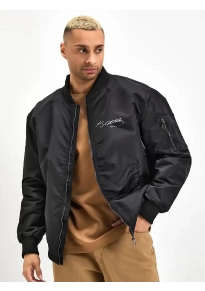 Erkek Unisex Bomber Mont - Siyah Renk, Atatürk Silüet Baskılı
