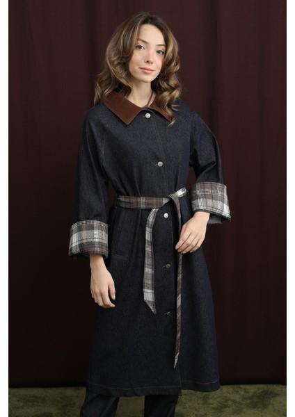 Kadın Ekose Detaylı Denim Trenç Mont - 32393TRCT modelleri