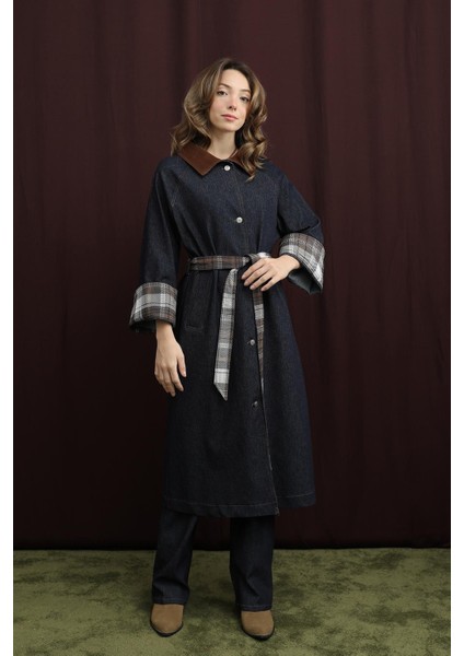 Kadın Ekose Detaylı Denim Trenç Mont - 32393TRCT indirimleri