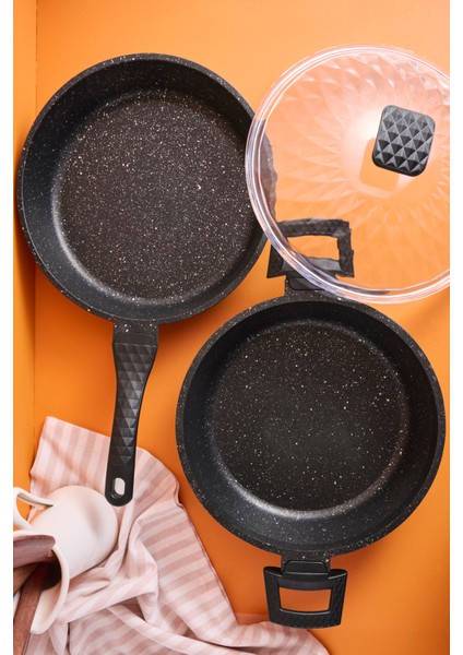 Progranito Döküm 3 Parça 26 cm Cam Kapaklı Tencere ve Tava Seti indirimleri