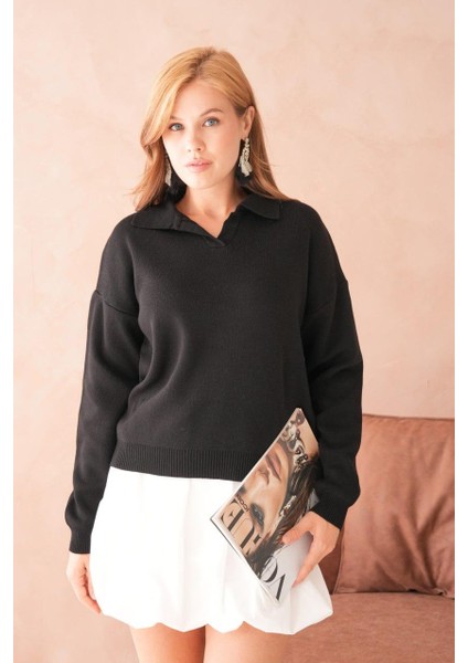 Kadın Siyah Yumuşak Dokulu Polo Yaka Triko Kazak