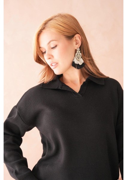 Kadın Siyah Yumuşak Dokulu Polo Yaka Triko Kazak fiyatları