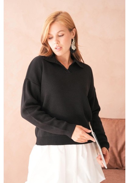 Kadın Siyah Yumuşak Dokulu Polo Yaka Triko Kazak modelleri