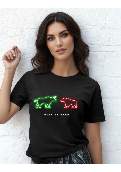 Devısso Traders Bull & Bear Neon - Traders, Borsaci Kadın Siyah T-Shirt