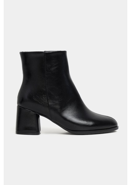 Boni Siyah Rustik Desen Fermuar Detaylı Kadın Topuklu Kadın Bot