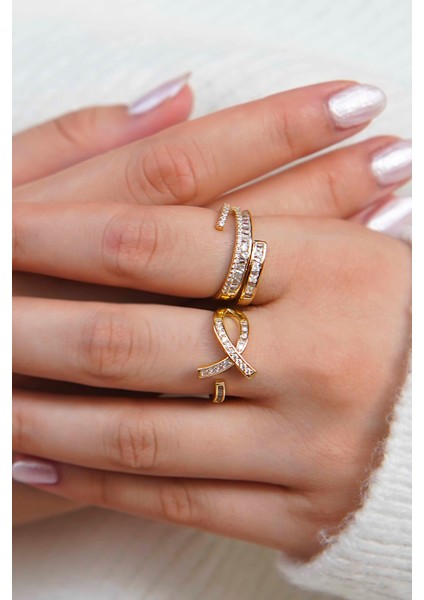 Işıltılı Kurdele ve Spiral Taşlı Vip Kadın Yüzük Seti fiyatları