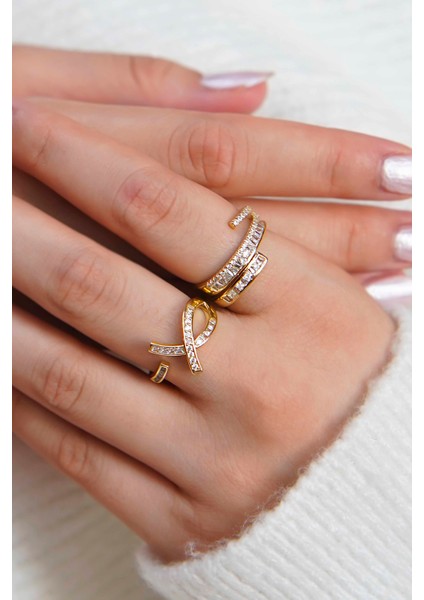 Işıltılı Kurdele ve Spiral Taşlı Vip Kadın Yüzük Seti modelleri