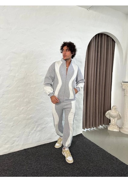 Erkek Premium Parçalı Eşofman Takım - Dik Yaka Fermuarlı Sweatshirt, - Gri fırsatları