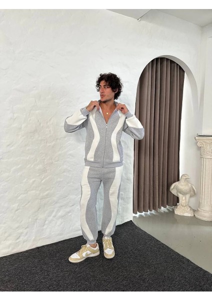 Erkek Premium Parçalı Eşofman Takım - Dik Yaka Fermuarlı Sweatshirt, - Gri indirimleri
